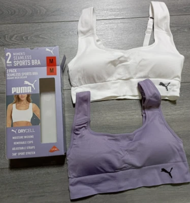 Pack de 2 sujetadores deportivos Puma cuello cuadrado para mujer mediano blanco/púrpura Foto 1 de 2