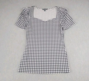 Express Top Blouse Junior Size Small Black White Check Stretch Puff Short Sleeve - Picture 1 of 19