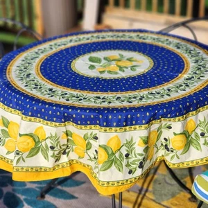Poupees Yolande Nice Oilcloth Tablecloth Round Yellow Blue & Green Lemon Olive - Picture 1 of 7
