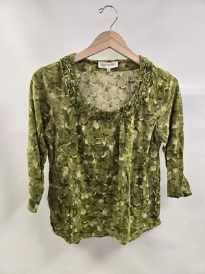 Jones New York Sport Shirt Womens Large Green Floral Ruffle Neck 3/4 Sleeve - Image 1 of 4