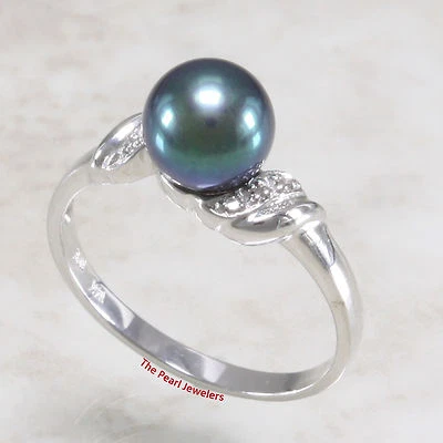 Anillo de cóctel de diamantes y perlas negras-verdes de oro blanco macizo de 14 k Foto 1 de 4