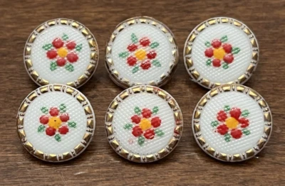 PRETTY Vintage Set of 6 FLOWER/FLORAL Glass Buttons - 9/16" (A-X6) - Image 1 of 4