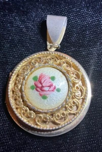 Guilloche ENAMEL Rose Flower Photo Locket Pendant GoldTone Beige Pink 1 1/2” - Picture 1 of 12