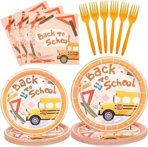 Vajilla de regreso a la escuela platos servilletas tenedores x24 regla autobús lápices decoración fiesta - Imagen 1 de 6