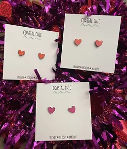 Pendientes de madera hechos a mano con tachuelas del corazón del Día de San Valentín regalo sin níquel - Imagen 1 de 11