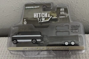 GreenLight HITCH & TOW 3 GREY 1977 Chevrolet G20 Van & Flatbed Trailer NIP - Picture 1 of 4