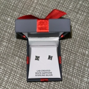 New Lab Created White Sapphire Sterling Silver Stud Earrings in Gift box - Picture 1 of 3