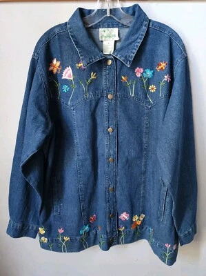 New QUAKER FACTORY 1X Blue Denim Jean Butterfly & Floral Embroidered Jacket Coat - Image 1 of 4