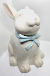 "Sunday Brunch" Bunny Rabbit Cookie Jar White w Blue Ribbon Vintage - Picture 1 of 17