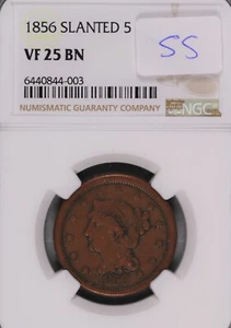 1856 Slanted 5 Braided Hair Large Cent NGC VF-25 BN #4-003 - Picture 1 of 2