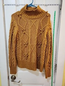 Cupcakes and Cashmere Mock Neck Irish Knit Cable Sweater with Pom Bobbles Small - Picture 1 of 3