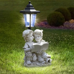 Solar Garden Angel Country Farm Reading Boy and Girl with Light, Outside-Outd... - Picture 1 of 7