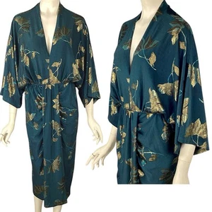 Baltic Born Dress Kimono Shaneen Ruched L Midi Dress Green Floral Shimmer Boho - Picture 1 of 15