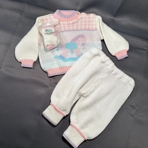 Vtg Childwise 1980s Baby Girl 3 piece Sweater Outfit Pastel Rocking Horse 6-9mo - Picture 1 of 10