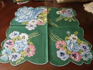 Vintage Hankie Handkerchief Blue Roses, Pink White Purple Flowers 16" - Picture 1 of 9