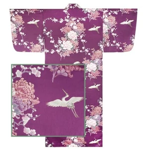 Abito Yukata Kimono Cintura Cintura Donna 58" Cotone Pino/Tsuru/Viola Made in Japan - Foto 1 di 2
