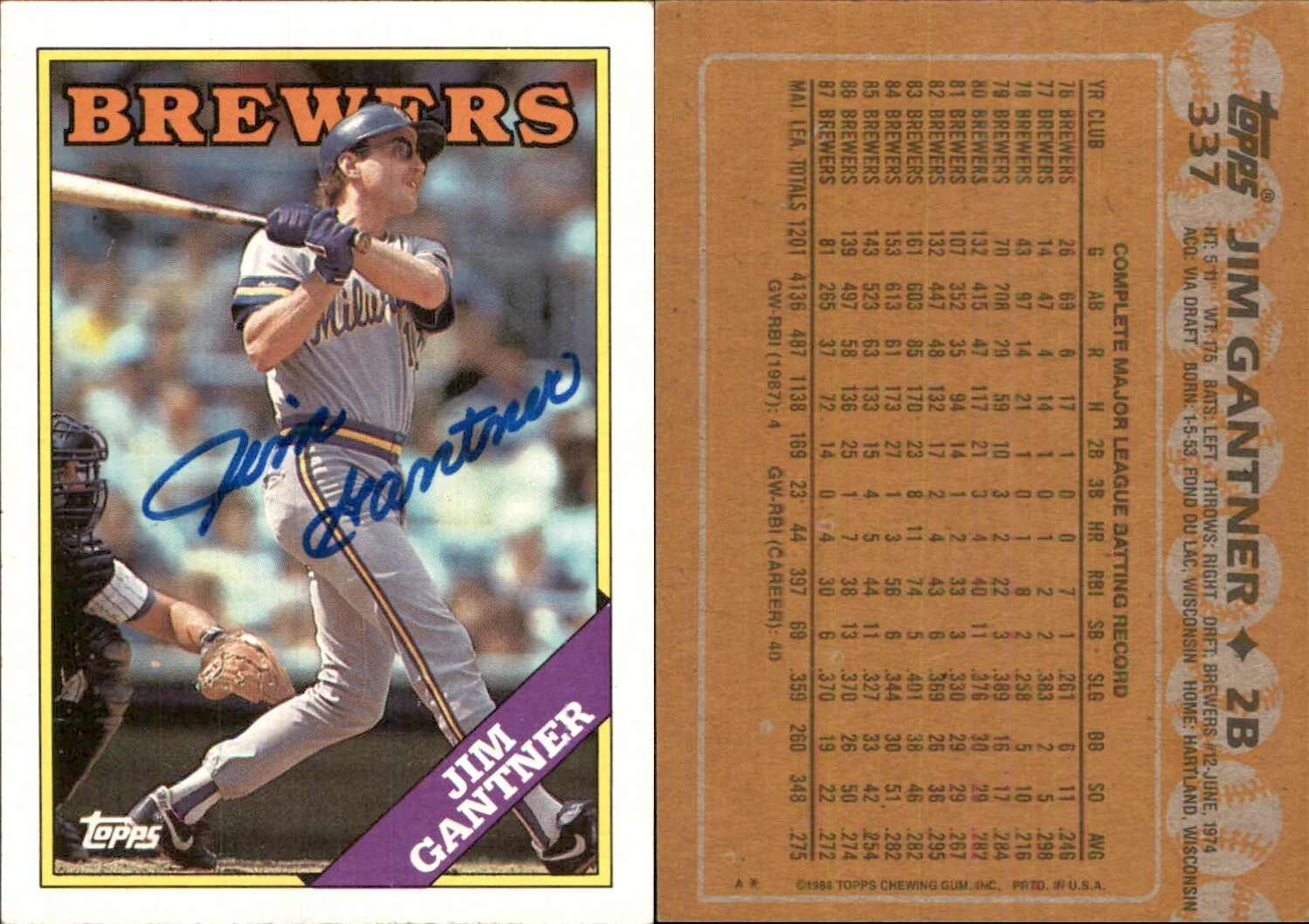 Jim Gantner Signed 1988 Topps #337 Card Milwaukee Brewers Auto AU