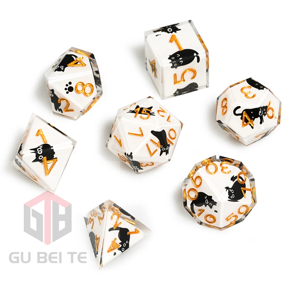 7PCS Poly DND Dice Set Resin RPG Dungeons and Dragons Games Gift Black Kitten - Image 1 of 4