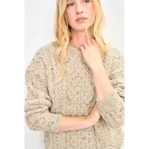 Aran Crafts Inishbofin Traditional Sweater Size XS Flecked Oat Waffle Knit - Picture 1 of 14