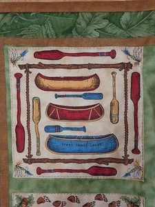 CABIN LODGE Wall Hanging Banner 22" x 21" Fabric Green Leaf Bear Canoe Camp - Picture 1 of 6