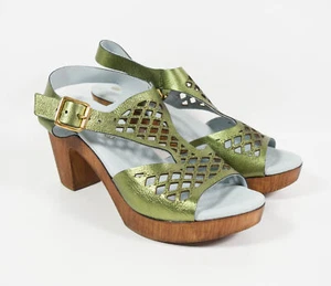 Eric Michael Portugal Green Metallic Cutout Block Heel Sandals Sz 39 - Picture 1 of 6