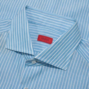 Isaia NWT Dress Shirt Size 17.5 44 in Blue & White Stripes Cotton & Linen Blend - Picture 1 of 11