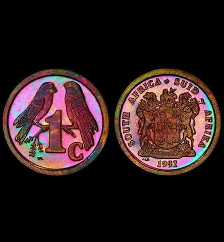 PR66RB 1992 1C South Africa Proof Cent, PCGS Secure- Neon Pink Rainbow Toned Cover