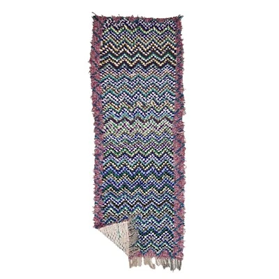 Moroccan Handmade Vintage Rug 2'9x8'2 Berber Zigzag Blue & Green Cotton Carpet - Image 1 of 4