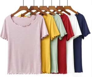 Women Ice Silk Elastic Lace Collar Short-Sleeved Shirt Solid Color Bottoming - Picture 1 of 72