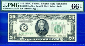 Billete de 20 dólares de la Reserva Federal 1934C PMG 66EPQ segundo Richmond mejor calificado Fr 2057-Enb - Imagen 1 de 4
