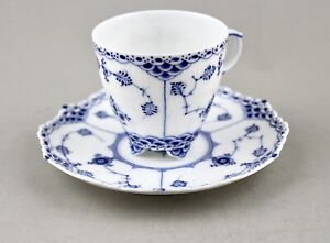 EARLY ANTIQUE ROYAL COPENHAGEN BLUE FLUTED FULL LACE MOCHA CUP & SAUCER 1037 