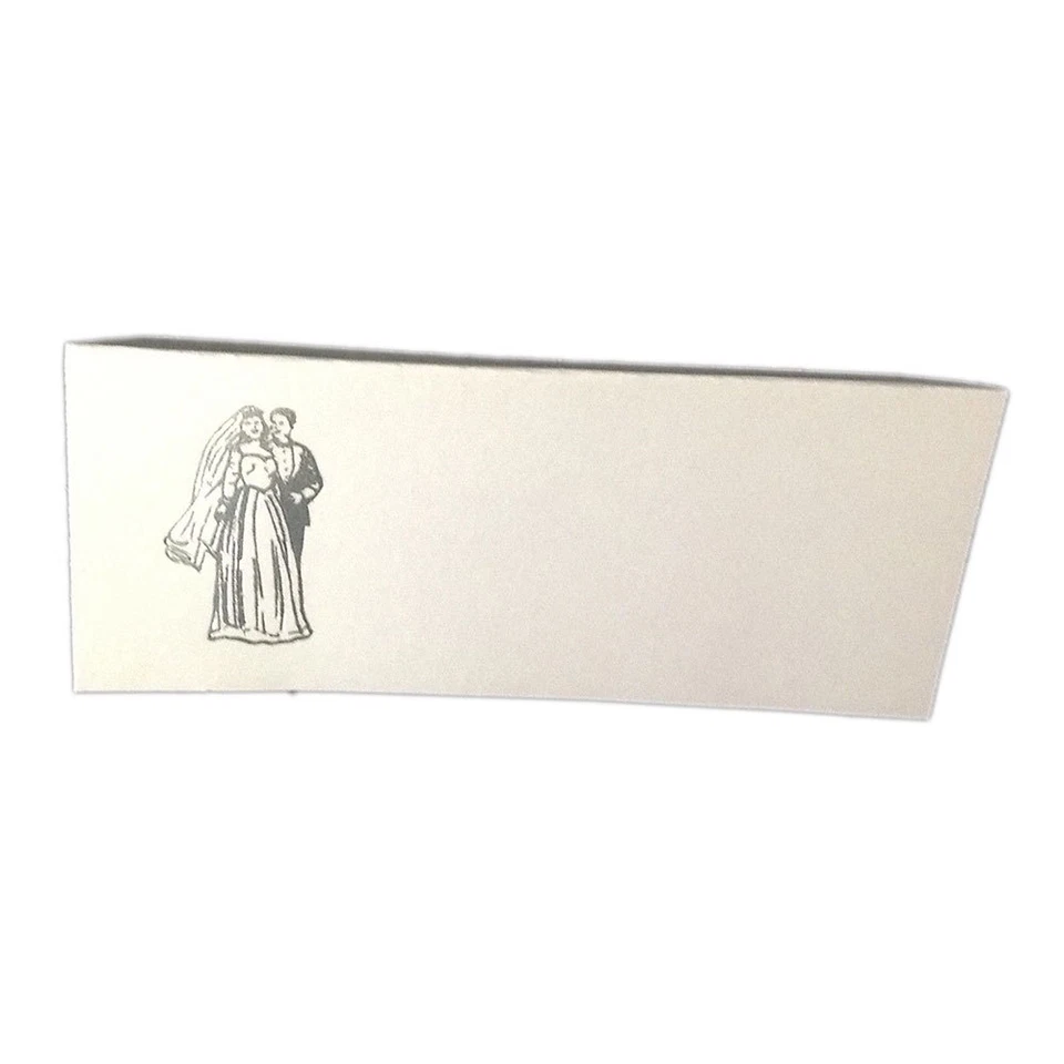 50 tarjetas de lugar blancas estilo tienda novia y novio plateadas 4,25" x 1,75 plegadas Foto 1 de 1