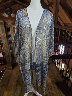 Top Kimono Xhilaration Mujer Azul Dorado Frente Abierto Boho Transparente Mediano XL Leer Foto 1 de 4