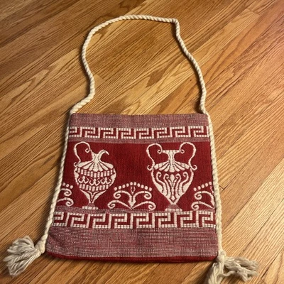Bolso de Hombro Tejido a Mano Griego Vintage - Patrón Tejido Rojo y Crema - Atenas Grecia Foto 1 de 4