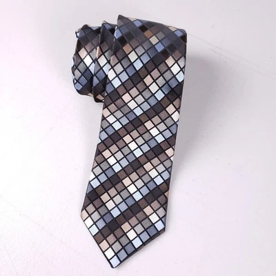 Haggar Clothing Co Geometric Check Necktie Black Brown Blue Polyester Handmade - Image 1 of 4