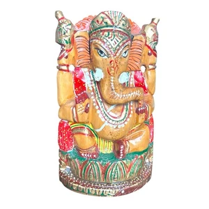 Estatua de madera hecha a mano de 6,5 pulgadas Ganesh ji sentado en vástago para decoración del templo del hogar - Imagen 1 de 5