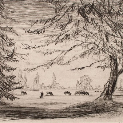 Walther Klemm Landschaft Viehweide II signiert Kaltnadelradierung Anfang 20 Jhd - Bild 1 von 4