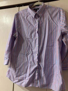Lands End Girls Long Sleeve Button Down Stripe Shirt No Iron Blue Orange Size 14 - Picture 1 of 7