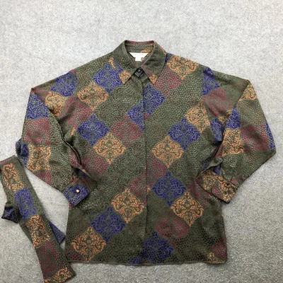 Camisa St. John Mujer 6 Verde Multicolor Seda Damasco Estampado Patrón Abotonado Foto 1 de 4