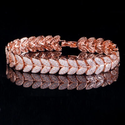 Роскошный позолоченный кубический циркониевый лист теннис свадебный браслет для женщин невест - Изображение 1 из 4