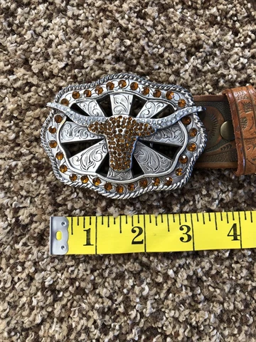 Genuine Texas Longhorns Leather Belt and Rhinestone Belt Buckle Cover