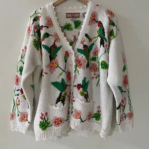 Vintage Womens 90s Hand Knit Cardigan Sweater 2X Hummingbirds Cottagecore Fairy - Picture 1 of 15