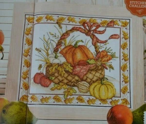 Harvest Basket Pumpkins Carrots Apples In Leaf Border Sampler Cross Stitch Chart - Picture 1 of 2