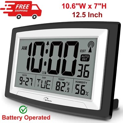 WALLARGE Atomic Clock With Indoor Temperature & Humidity, 12.5 Inch Self-Setting Digital