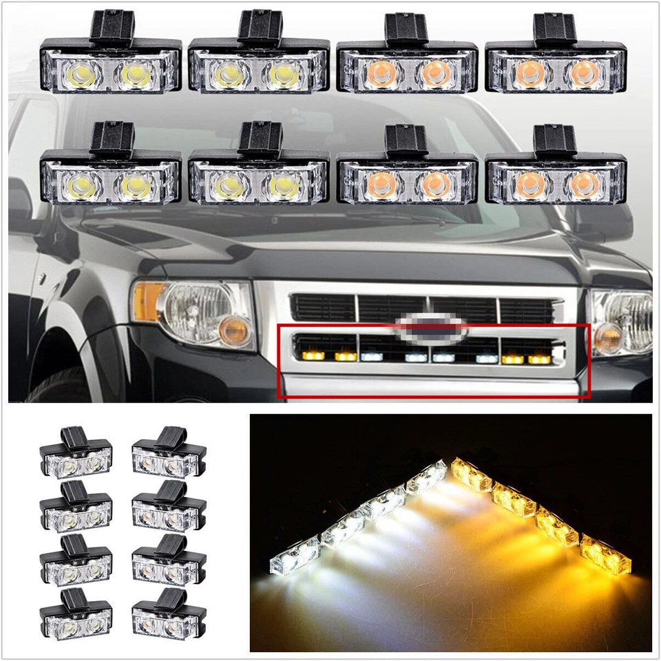8 X 2-LED Amber+White Car Off-Road Grille Emergency Strobe Light Flashing Lamp - Image 1 of 1