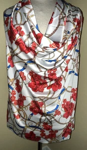 Boston Proper Marilyn Cowl Neck Charmeuse Blouse Red Floral Gold Chains Size L - Picture 1 of 8