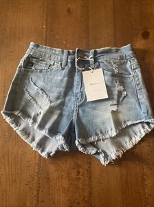 NWT Kancan High Rise Medium Wash Distressed Shorts Size Medium - Picture 1 of 6