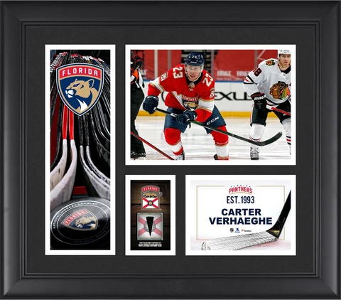 Carter Verhaeghe Panthers FRMD 15" x 17" Player Collage with a Piece of GU Puck Cover