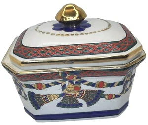 Ornate Chinese Porcelain Trinket Box With Lid, Gold Accents Red Stamp - Picture 1 of 18