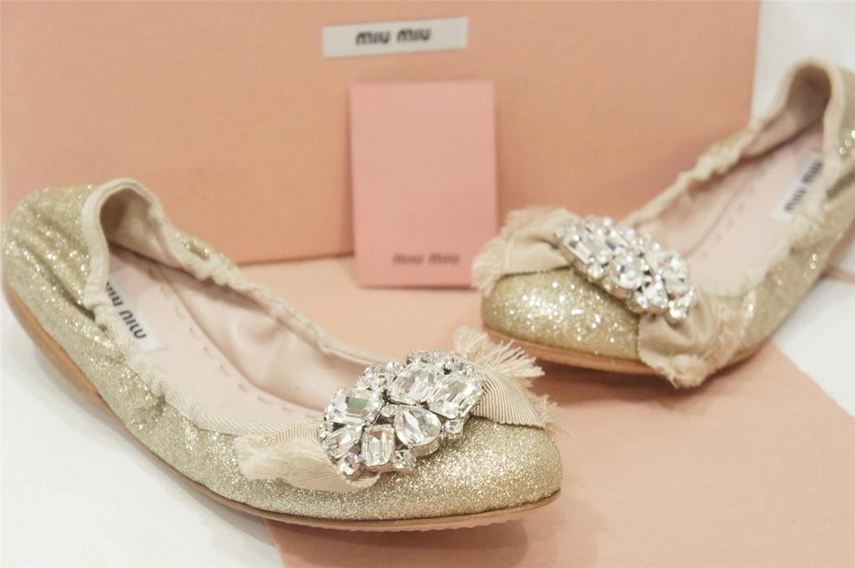 MIU MIU POWDER GOLD GLITTERED JEWEL EMBELLISHED BALLERINA FLATS SHOES 34.5 $660 - Image 1 of 1